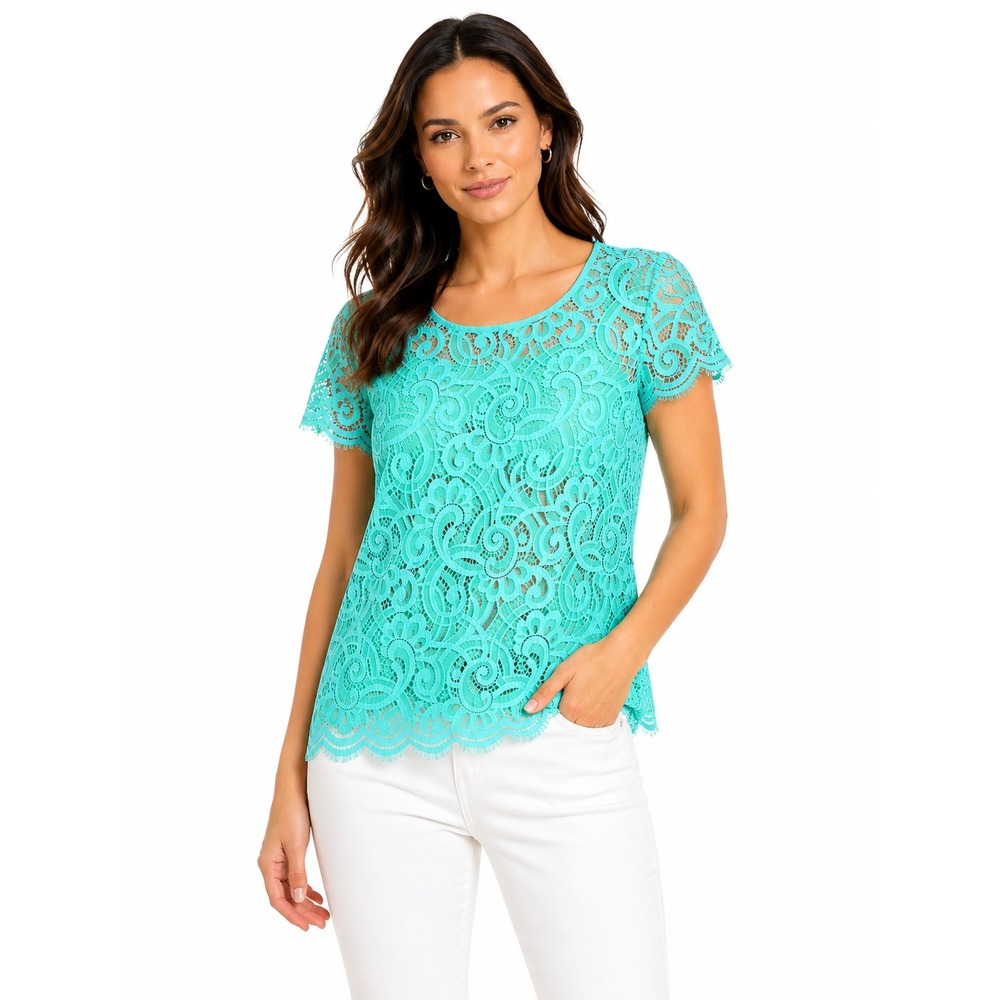 Lilly Pulitzer Green Blue Lace Crochet Top Short Sleeve Small